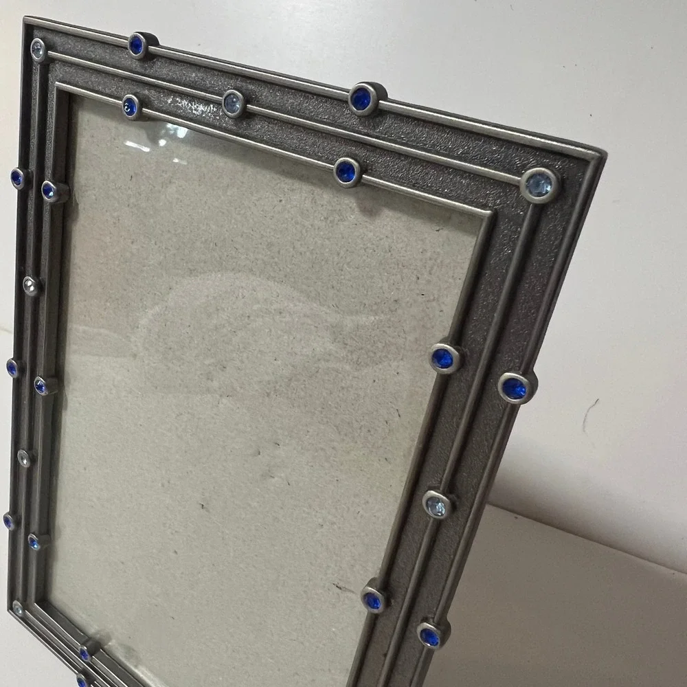 Elsa‎ L Inc Pewter Bejeweled Picture Frame Blue Crystals Textured Metal 4x6